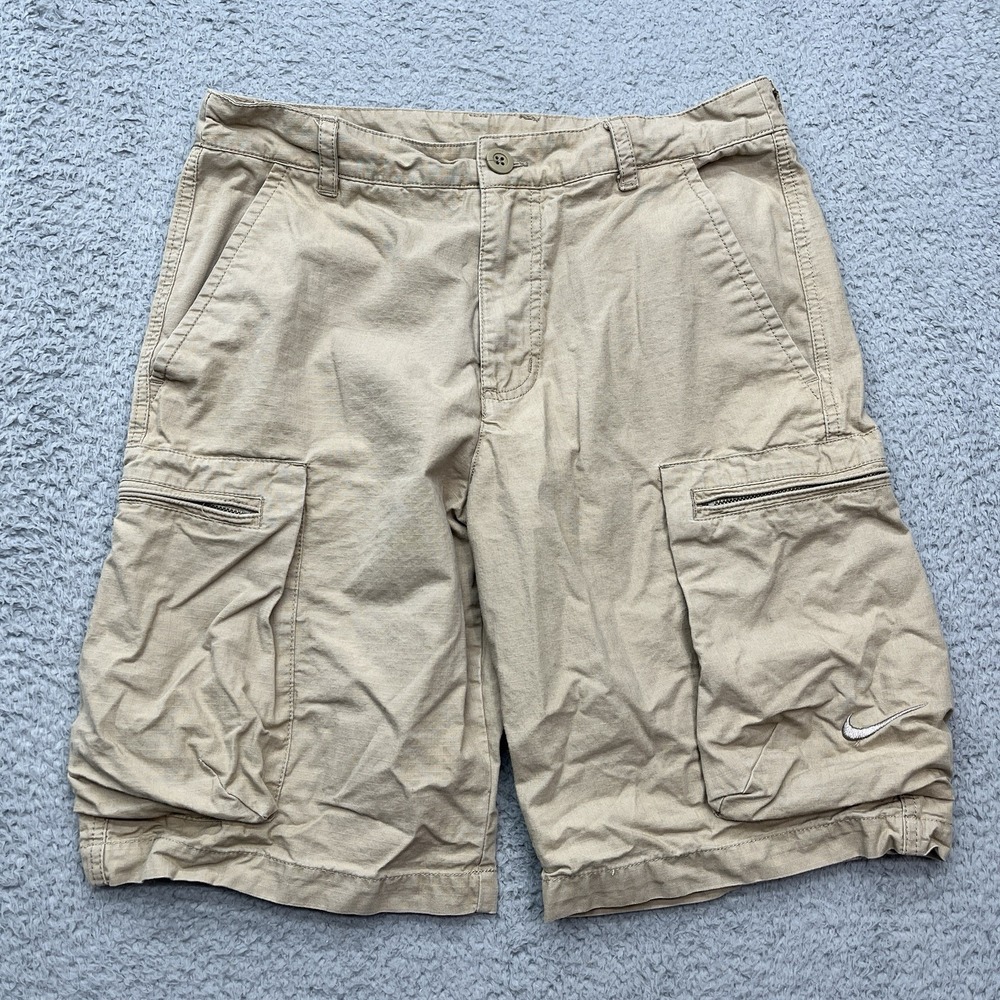 Nike‎ Cargo Shorts Mens 30 Khaki Woven Ripstop Zip Pockets Performance Gorpcore